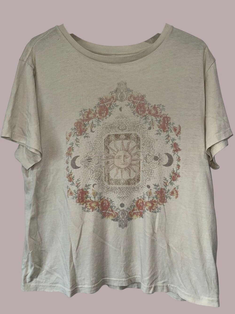 Lucky Brand Womens Sun & Moon Graphic Tee Size L 100% Cotton Beige Casual Style